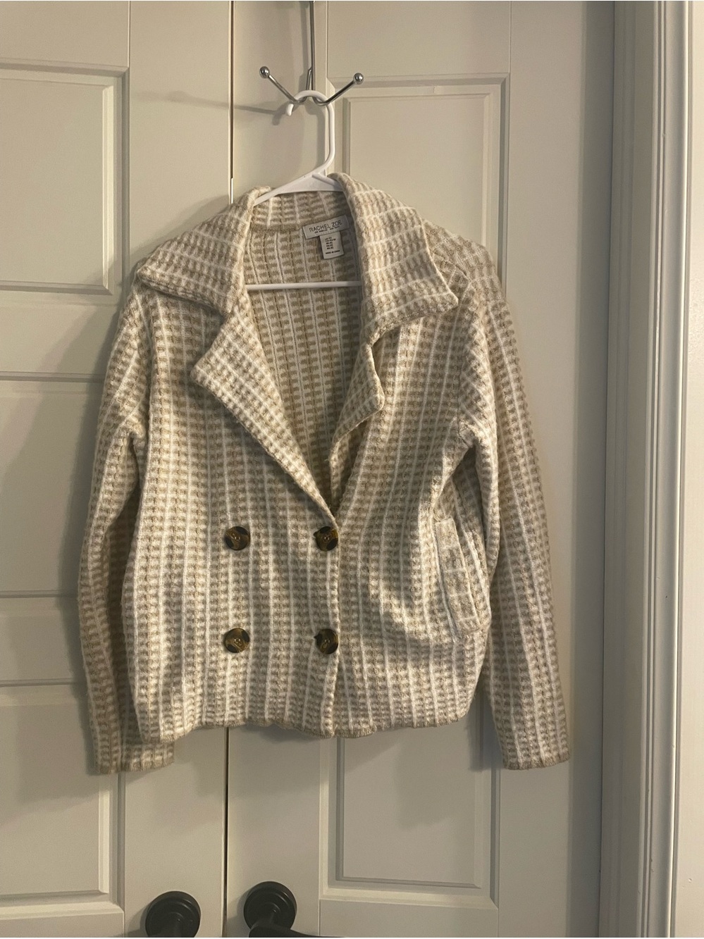 Rachel Zoe Cream Houndstooth Double-Breasted Sweater Jacket